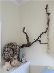 LIGHTHOUSE BOTTLE, SEASHELL WREATH AND SEASHELL DECOR
