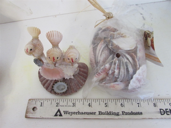 LIGHTHOUSE BOTTLE, SEASHELL WREATH AND SEASHELL DECOR