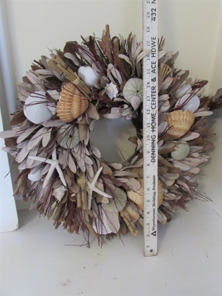 LIGHTHOUSE BOTTLE, SEASHELL WREATH AND SEASHELL DECOR
