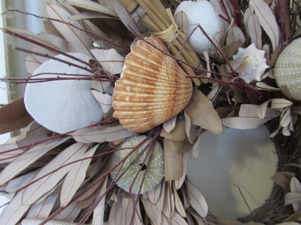 LIGHTHOUSE BOTTLE, SEASHELL WREATH AND SEASHELL DECOR