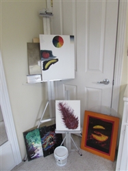 ALUMINUM ART EASEL, PALET AND ART