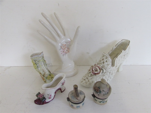 VICTORIAN PORCELAIN SHOES, RING HOLDER AND TRINKET BOXES