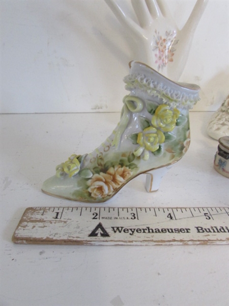 VICTORIAN PORCELAIN SHOES, RING HOLDER AND TRINKET BOXES
