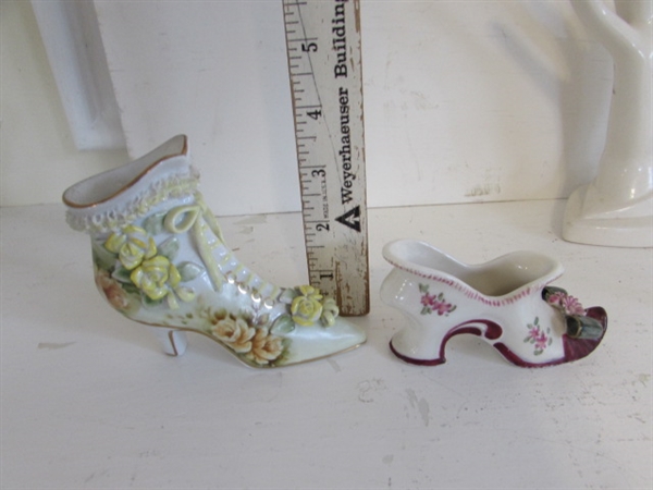 VICTORIAN PORCELAIN SHOES, RING HOLDER AND TRINKET BOXES