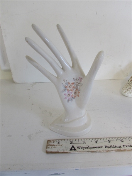 VICTORIAN PORCELAIN SHOES, RING HOLDER AND TRINKET BOXES