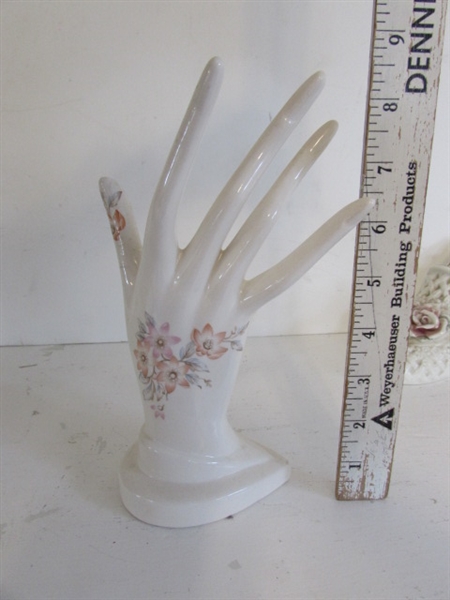 VICTORIAN PORCELAIN SHOES, RING HOLDER AND TRINKET BOXES
