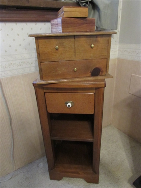 WOOD END TABLE AND BOXES
