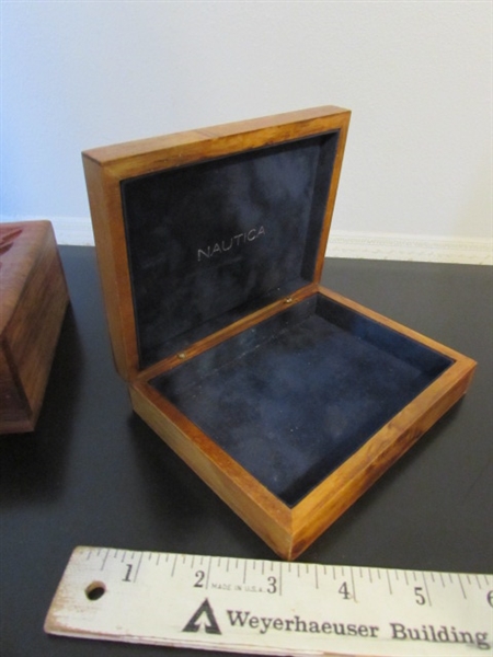 WOOD END TABLE AND BOXES