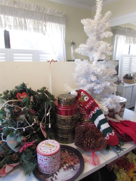 4' WHITE CHRISTMAS TREE, HANGING TREE W/LIGHTS, TINS, ETC