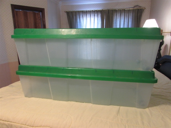 2 LARGE CHRISTMAS TREE STORAGE TUBS W/WHEELS