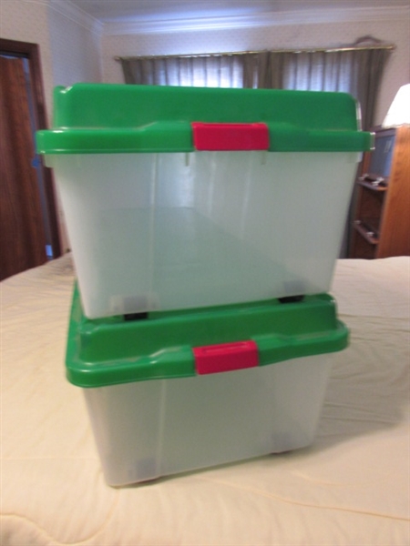 2 LARGE CHRISTMAS TREE STORAGE TUBS W/WHEELS