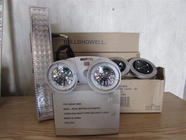 6 RECHARGEABLE LED LIGHTS, DISC LIGHTS & SECURITY LIGHT