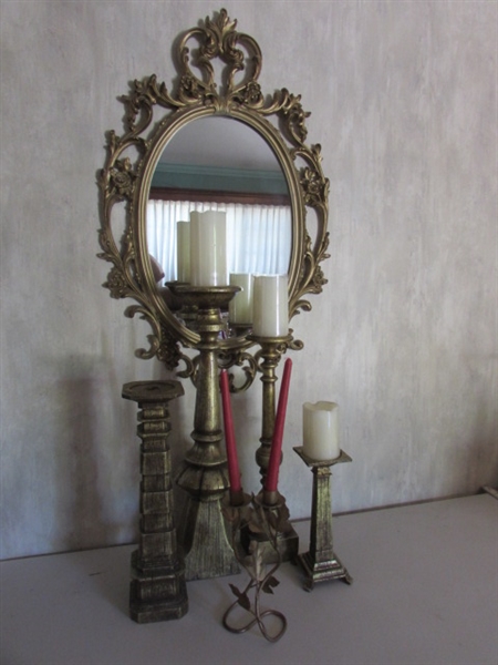 ORNATE GOLD TONE FRAMED MIRROR & CANDLE HOLDERS W/FLAMELESS CANDLES