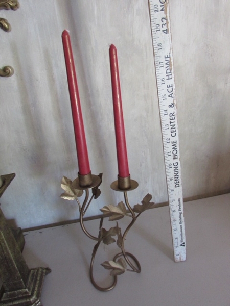 ORNATE GOLD TONE FRAMED MIRROR & CANDLE HOLDERS W/FLAMELESS CANDLES