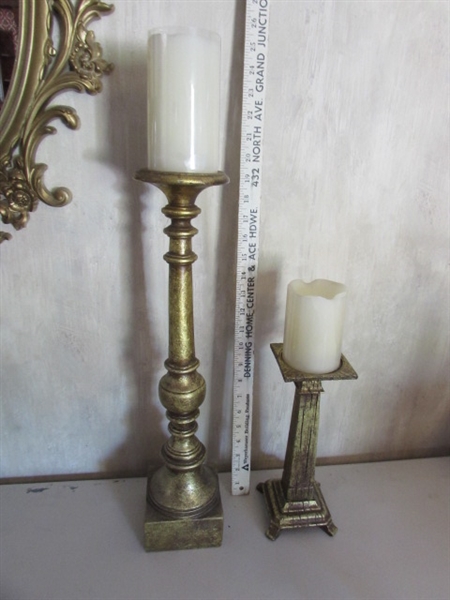 ORNATE GOLD TONE FRAMED MIRROR & CANDLE HOLDERS W/FLAMELESS CANDLES