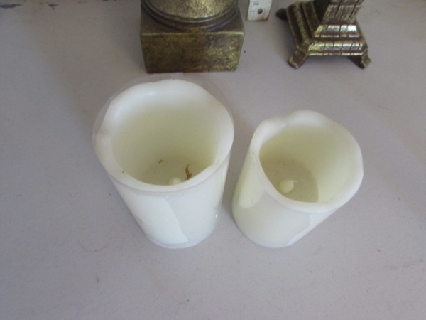 ORNATE GOLD TONE FRAMED MIRROR & CANDLE HOLDERS W/FLAMELESS CANDLES