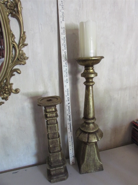ORNATE GOLD TONE FRAMED MIRROR & CANDLE HOLDERS W/FLAMELESS CANDLES
