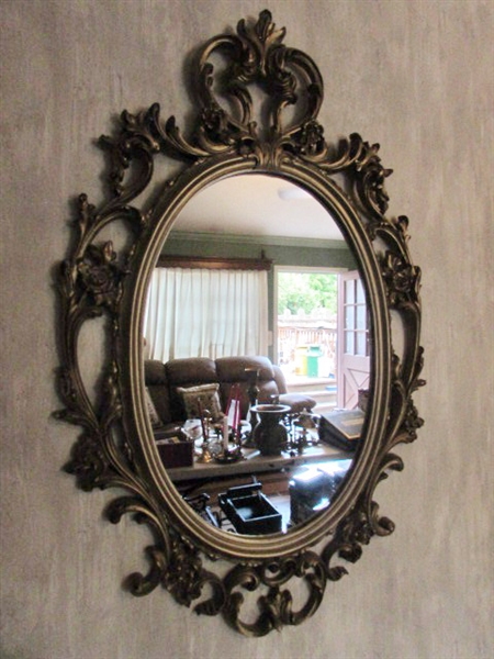 ORNATE GOLD TONE FRAMED MIRROR & CANDLE HOLDERS W/FLAMELESS CANDLES