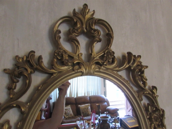 ORNATE GOLD TONE FRAMED MIRROR & CANDLE HOLDERS W/FLAMELESS CANDLES