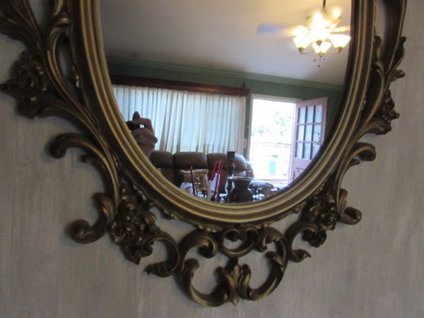 ORNATE GOLD TONE FRAMED MIRROR & CANDLE HOLDERS W/FLAMELESS CANDLES
