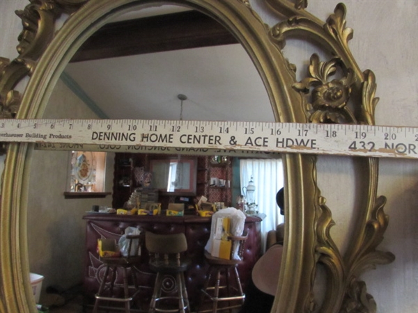 ORNATE GOLD TONE FRAMED MIRROR & CANDLE HOLDERS W/FLAMELESS CANDLES