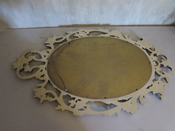 ORNATE GOLD TONE FRAMED MIRROR & CANDLE HOLDERS W/FLAMELESS CANDLES