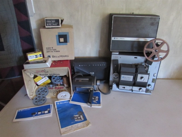 BELL & HOWELL 8mm FILM CAMERA, PROJECTOR & ACCESSORIES