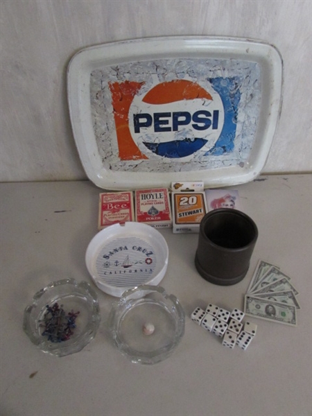 VINTAGE PEPSI TRAY, PLAYING CARDS, DICE, ASHTRAYS & MORE