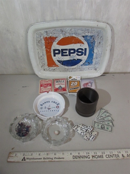 VINTAGE PEPSI TRAY, PLAYING CARDS, DICE, ASHTRAYS & MORE