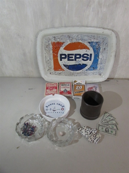 VINTAGE PEPSI TRAY, PLAYING CARDS, DICE, ASHTRAYS & MORE