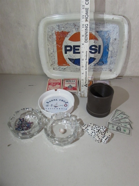 VINTAGE PEPSI TRAY, PLAYING CARDS, DICE, ASHTRAYS & MORE