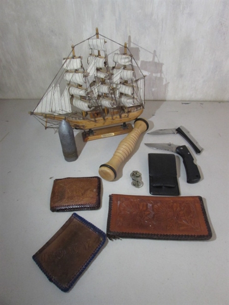 VINTAGE TOOLED LEATHER WALLETS, MAYFLOWER SHIP, POCKET KNIVES & MORE