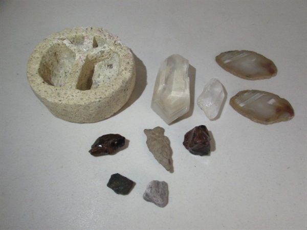 QUARTZ CRYSTAL, AGATE SLABS, STONE ARROWHEAD, MAHOGANY OBSIDIAN & MORE