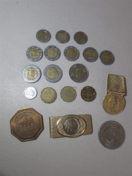 BUFFALO HEAD MONEY CLIP, FOREIGN COINS, ETC