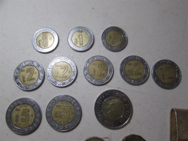 BUFFALO HEAD MONEY CLIP, FOREIGN COINS, ETC