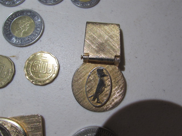BUFFALO HEAD MONEY CLIP, FOREIGN COINS, ETC