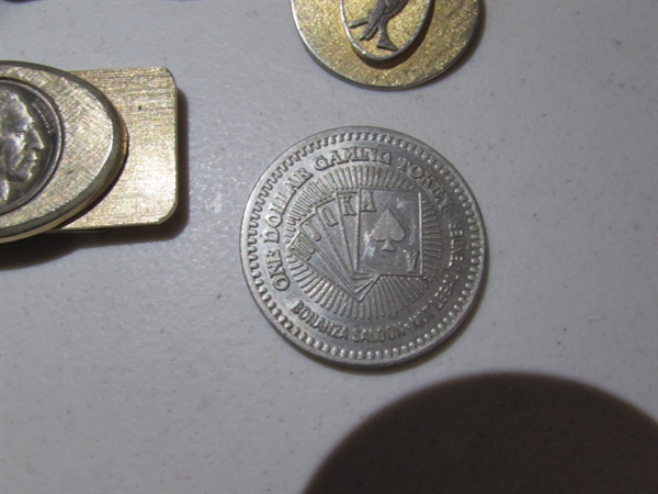 BUFFALO HEAD MONEY CLIP, FOREIGN COINS, ETC