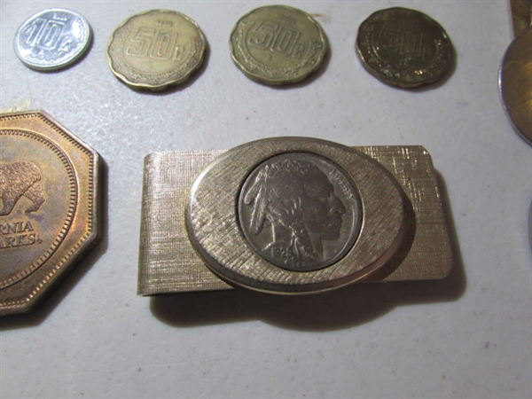 BUFFALO HEAD MONEY CLIP, FOREIGN COINS, ETC