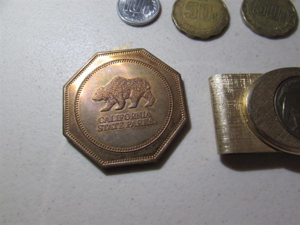 BUFFALO HEAD MONEY CLIP, FOREIGN COINS, ETC