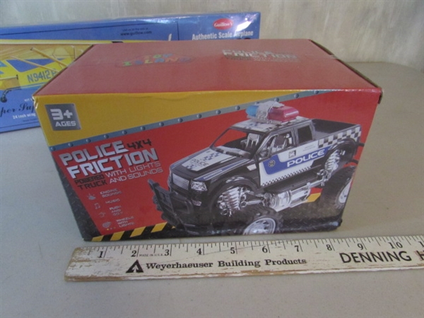PIPER SUPER CUB 95 BALSA AIRPLANE KIT, POLICE 4X4 FRICTION POWERED TRUCK AND MINI DIE CAST AIRPLANE