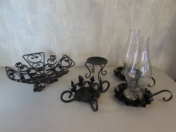 2 BLACK METAL CHAMBER OIL LAMPS, METAL PEDESTAL BOWL & CANDLE HOLDERS