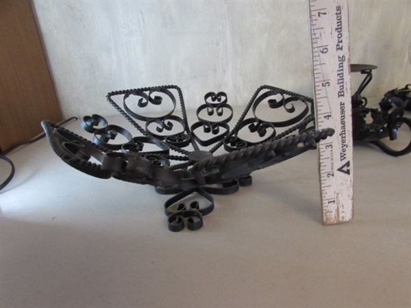2 BLACK METAL CHAMBER OIL LAMPS, METAL PEDESTAL BOWL & CANDLE HOLDERS