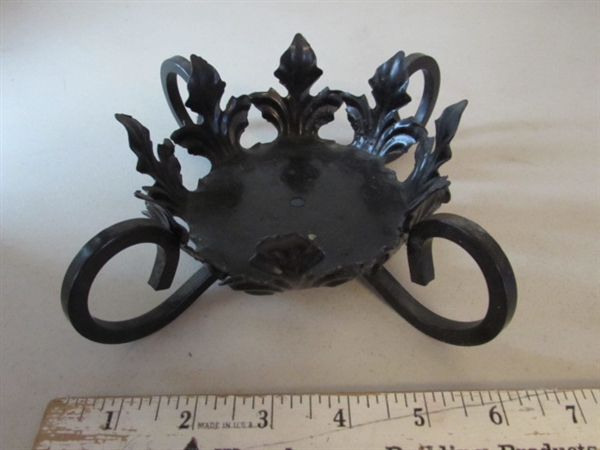2 BLACK METAL CHAMBER OIL LAMPS, METAL PEDESTAL BOWL & CANDLE HOLDERS