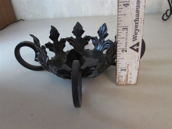 2 BLACK METAL CHAMBER OIL LAMPS, METAL PEDESTAL BOWL & CANDLE HOLDERS