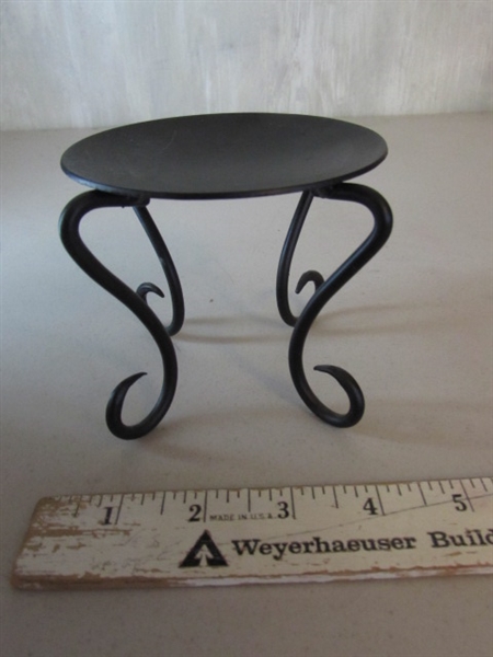 2 BLACK METAL CHAMBER OIL LAMPS, METAL PEDESTAL BOWL & CANDLE HOLDERS