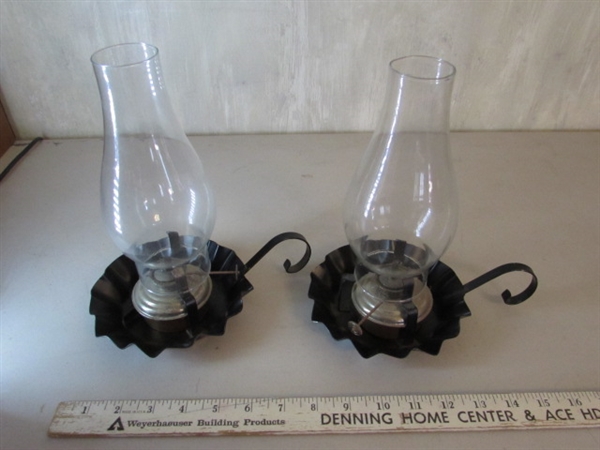 2 BLACK METAL CHAMBER OIL LAMPS, METAL PEDESTAL BOWL & CANDLE HOLDERS