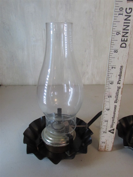 2 BLACK METAL CHAMBER OIL LAMPS, METAL PEDESTAL BOWL & CANDLE HOLDERS