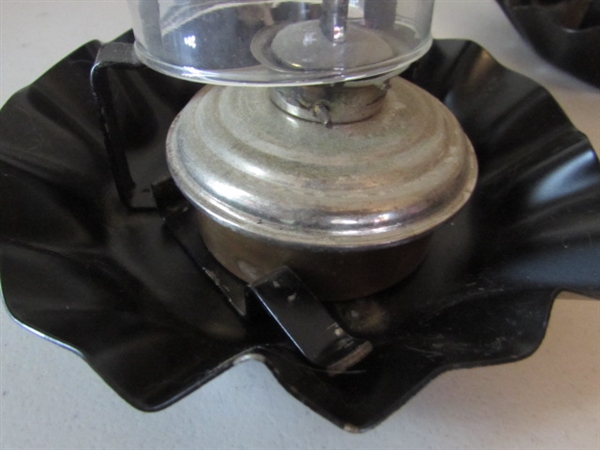 2 BLACK METAL CHAMBER OIL LAMPS, METAL PEDESTAL BOWL & CANDLE HOLDERS