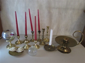 BRASS CANDLESTICK COLLECTION INCLUDING PRINCESS HOUSE CANDLE HOLDER
