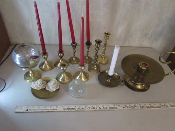 BRASS CANDLESTICK COLLECTION INCLUDING PRINCESS HOUSE CANDLE HOLDER